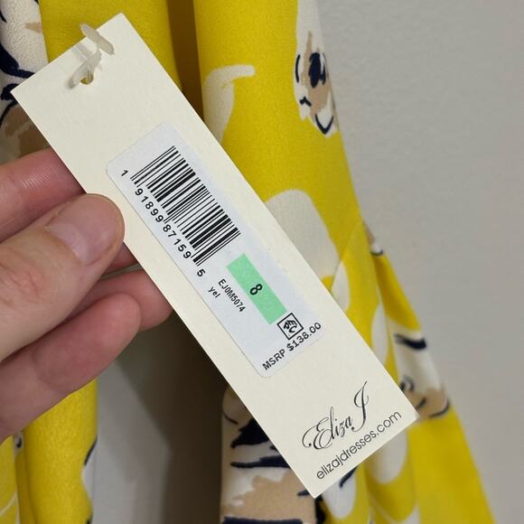 NWT Eliza J Faux Wrap Chiffon Mini Flounce Dress in Yellow Floral - Size 8 - Picture 6 of 9